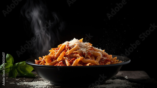 Classic italian pasta penne alla arrabiata with basil and freshly grated parmesan cheese on dark table. generative ai