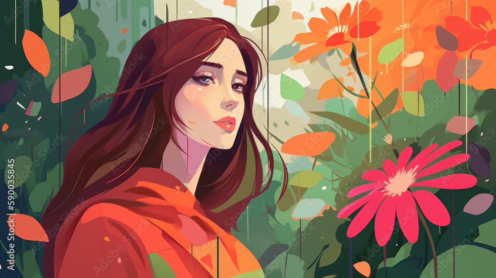 The girl embraces the rain and the vibrant beauty of spring as she walks through the garden. Generative AI