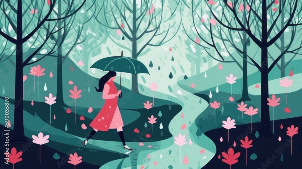 Fototapeta premium With an umbrella in hand, the girl strolls in the gentle spring rain. Generative AI