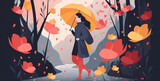 With a bright smile, the girl walks through the spring rain, admiring the colorful petals of the flowers. Generative AI