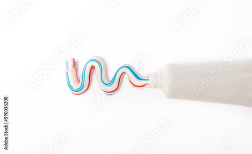  Tube of toothpaste isolated on white background. Close-up. Prevention of dental plaque and caries. Fresh breath. Dentistry concept. Oral care.