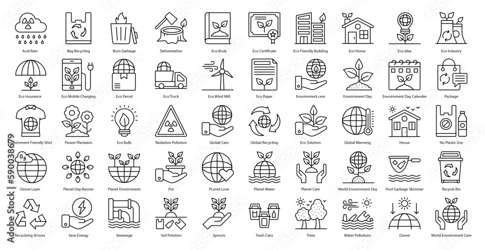 Global Warming Thin Line Icons Ecology Environment Icon Set in Outline Style 50 Vector Icons in Black