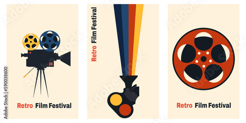 Vector set of retro vertical posters with vintage film camera and film reel. Template for film festival backgrounds.Vector illustration