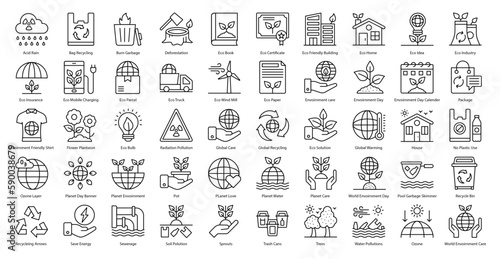 Global Warming Thin Line Icons Ecology Environment Icon Set in Outline Style 50 Vector Icons in Black