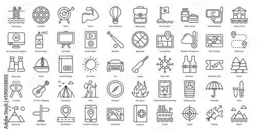 Adventure Hobbies Thin Line Icons Sport Hobby Icon Set in Glyph Style 50 Outline Icons in Black