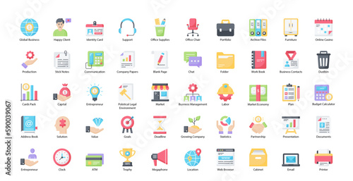 Essentials Flat Icons Office Hardware Workplace Icon Set in Color Style 50 Vector Icons 