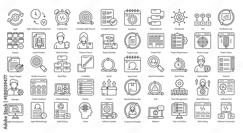 Agile Development Thin Line Icons Project Management Icon Set in Outline Style 50 Vector Icons in Black