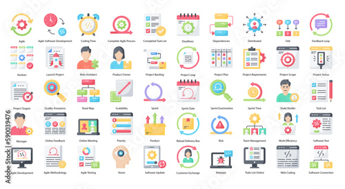 Agile Development Flat Icons Project Management Icon Set in Color Style 50 Vector Icons 