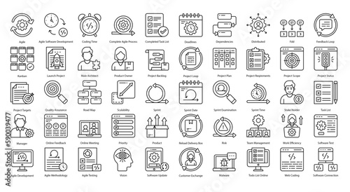 Agile Development Thin Line Icons Project Management Icon Set in Outline Style 50 Vector Icons in Black
