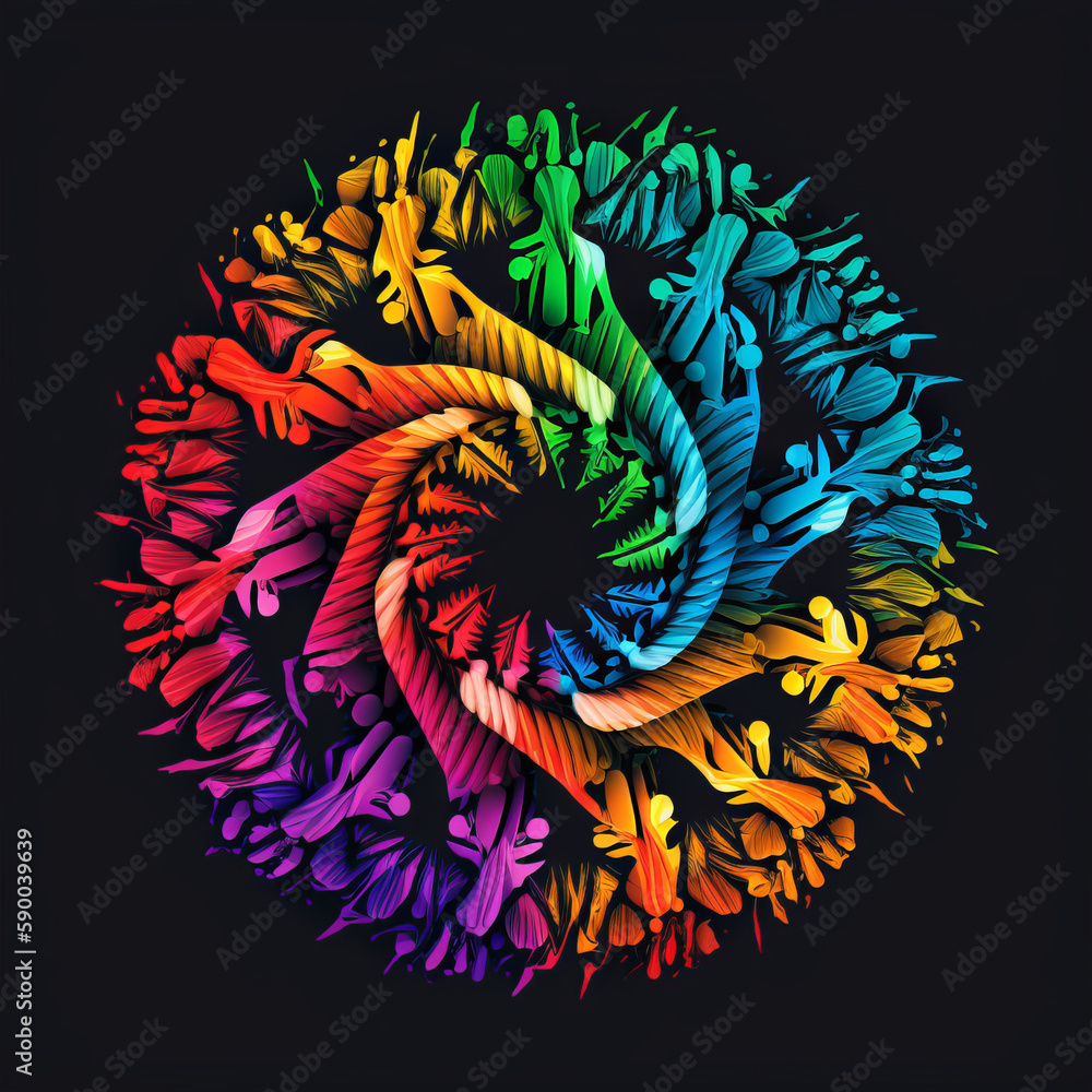 Group of people standing in a circle in unity, arms intertwined