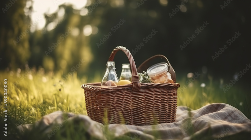A picnic basket with groceries on a nature background on a sunny spring day. AI generated A picnic basket with groceries on a nature background on a sunny spring day. AI generated
