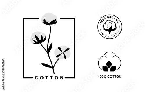 Cotton labels for clothing packaging. 100% cotton icon set. Suitable for organic Cotton clothing products. Natural textile logo or symbol. Vector illustration
