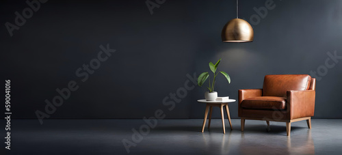 A beautiful and stylish brown leather armchair in front of a dark grey empty wall | Interior design of a modern and luxurious living room with wooden floor | Generative Ai | Indoor Décor | Banner