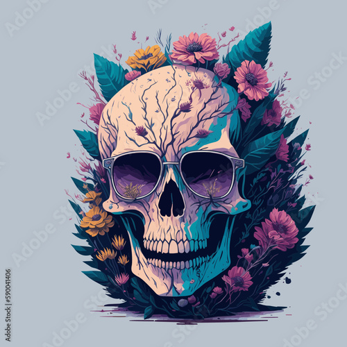 portrait of a skull with flowers vector style illustration t-shirt ready to print