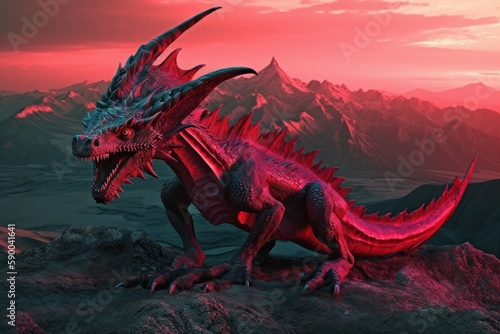 A beautiful red dragon on the mountains. Generative AI. © TrueAI