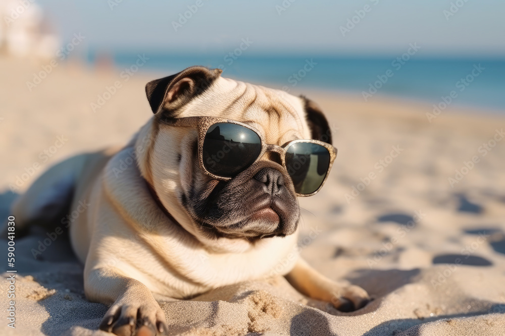 Cute Pug dog lying on beach on vacation wearing cool sunglasses. Generative  AI Stock Illustration