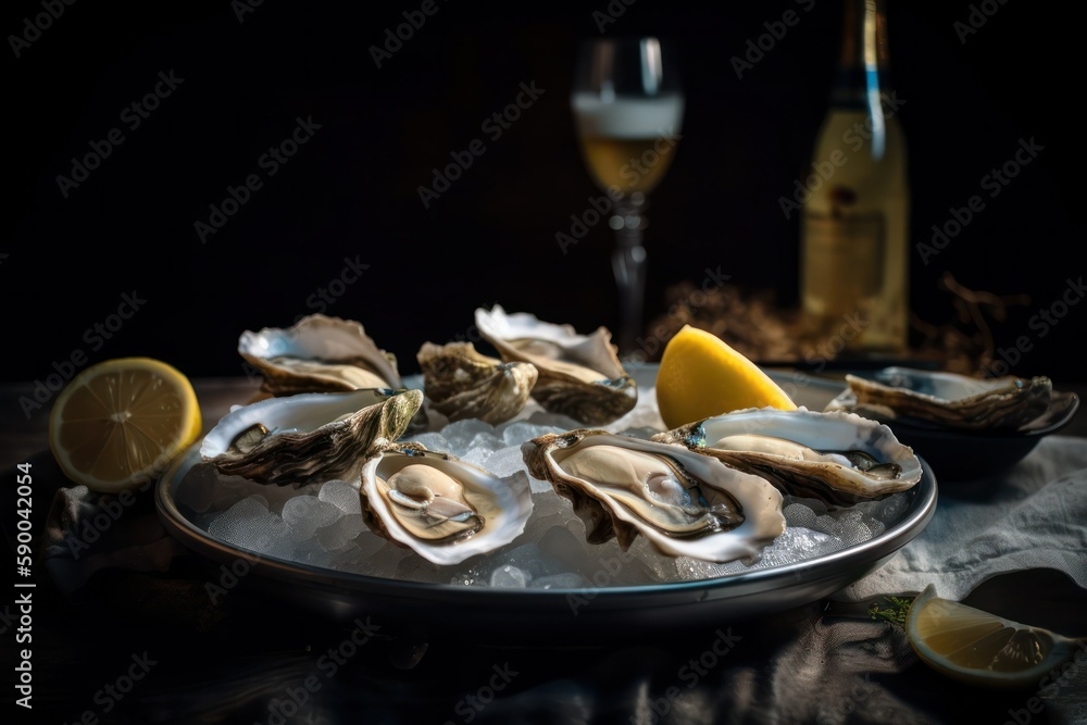 Oysters dish with lemon and ice served on the bar .Generative AI