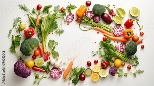 Fresh fruits and vegetables on grey background. Healthy eating concept. Flat lay, copy space. generative ai
