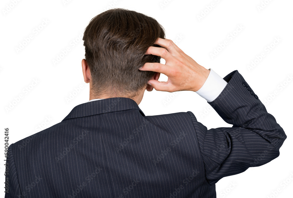 Portrait of a Businessman Scratching his Head, Back View Portrait of a Businessman Scratching his Head, Back View