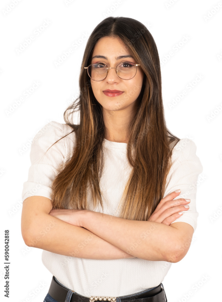 Standing transparent png portrait of young woman. Pretty, smiling, arms crossed, positive, lovely, beautiful, brunette girl. Copy space. Wearing white t-shirt. Standing transparent png portrait of young woman. Pretty, smiling, arms crossed, positive, lovely, beautiful, brunette girl. Copy space. Wearing white t-shirt.