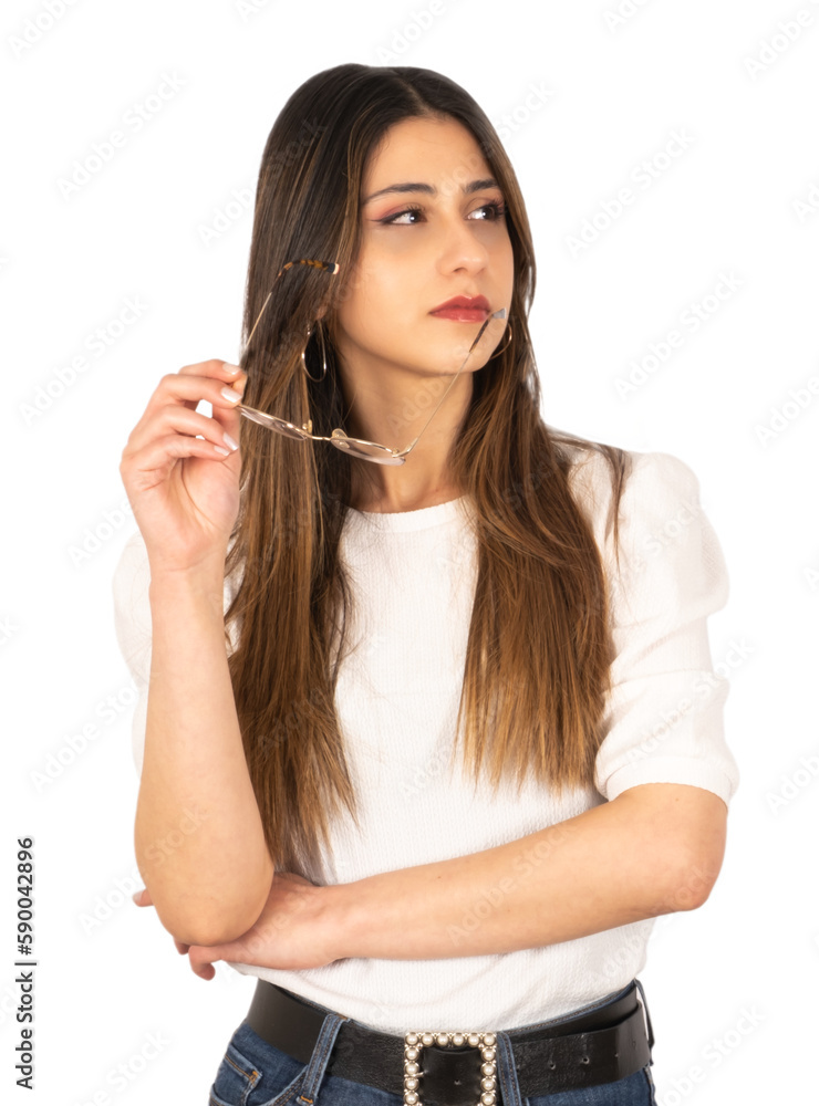 Portrait of young thinking businesswoman. Taking off glasses looking copy space area. Isolated white background. Pondering ideas, day dreaming, taking break, office worker. Portrait of young thinking businesswoman. Taking off glasses looking copy space area. Isolated white background. Pondering ideas, day dreaming, taking break, office worker.