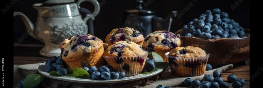 blueberry muffin with berries on a board on a dark background .homemade cakes. Generative AI
