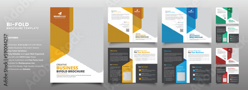 Modern Creative A4 Corporate Business Bifold Brochure Template Design with Red, Blue, Yellow, Green Accent