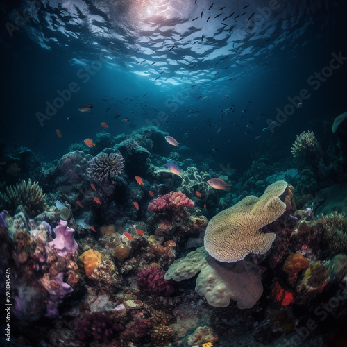 coral reef underwater photograph with colorful corals and fish swimming around  the sunlight dimm - Generative AI