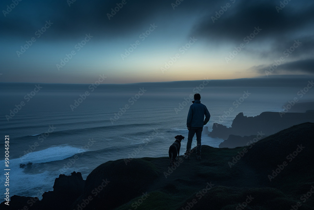 Hiker and his dog enjoying the view from the top of the mountain, sea of fog silhouetted - Generative AI
