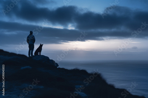 Hiker and his dog enjoying the view from the top of the mountain, sea of fog silhouetted - Generative AI