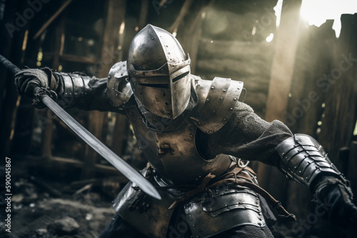 Brave knight in full steel armor in battle, holding a sword - Generative AI