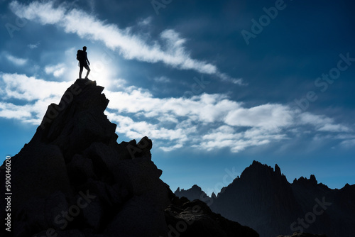 Hiker standing on top of mountain peak surrounded by blue sky  low angle - Generative AI