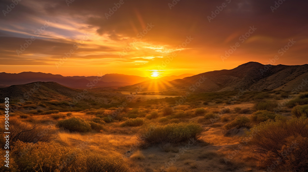 Obraz premium Stunning sunset view of landscape from the top of a mountain - Generative AI