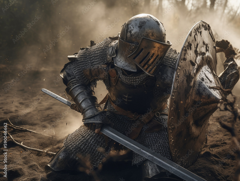 Brave knight in full steel armor in battle, holding a sword - Generative AI Brave knight in full steel armor in battle, holding a sword - Generative AI