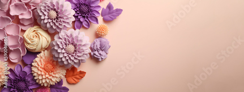 Mother's Day, Mom's Day or Women's Day or Valentines day flowers composition with hearts and copy space on pastel background. 3d style. Generative Ai.