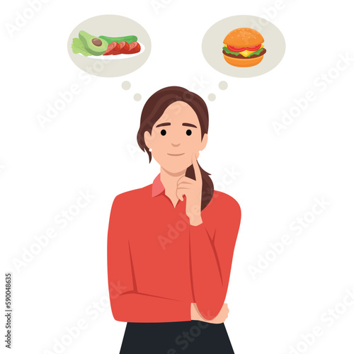 Beautiful woman choosing between salad and hamburger, healthy and junk food.