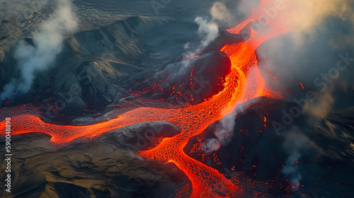 Fire and River Flow, A Volcanic Landscape. Generative AI.