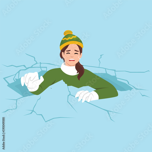 Drowning woman is trying to get out of hole in which fell while walking on frozen lake for concept adverse environmental conditions. Drowning girl got into trouble after natural disaster