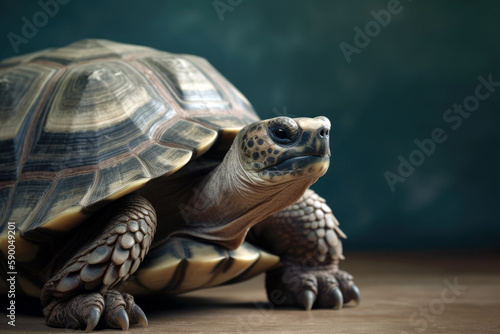 wise tortoise on flat background, animal banner with empty space for text (created with Generative AI)