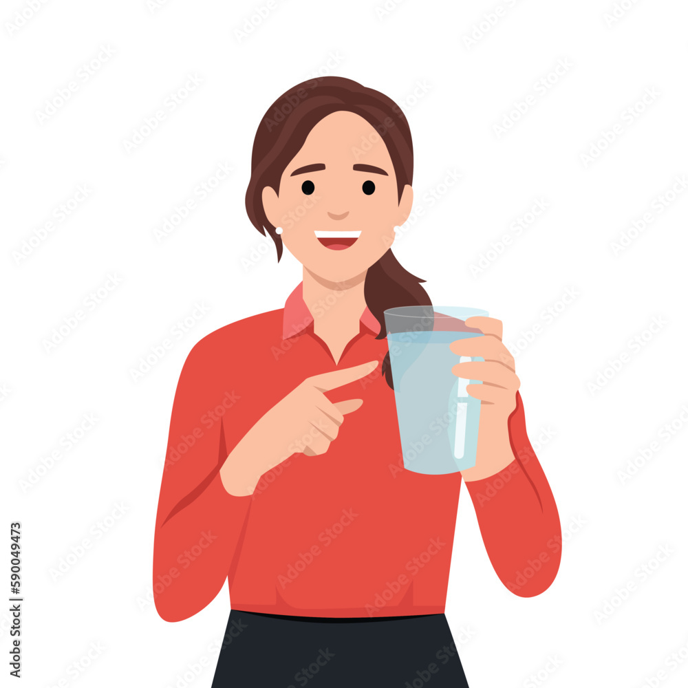 Woman holding a glass of water to promote. Suggestions for staying hydrated Woman holding a glass of water to promote. Suggestions for staying hydrated