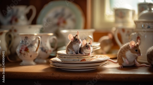 Vintage Kitchen Scene with a Cute Family of Mice Peeking Out - Captured Brillantly with Sony Alpha a9 II Mirrorless Camera, Generative AI photo