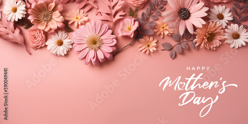 Mother s Day  Mom s Day or Women s Day or Valentines day flowers composition with heart copy space on pastel background. 3d style. Generative Ai.