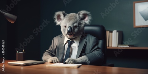 Koala dressed in a suit and tie, sitting behind a desk with a nameplate, with copyspace. Generative ai.