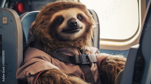 Sloth in a pilot's outfit, sitting in a plane, with a copyspace. Generative ai.