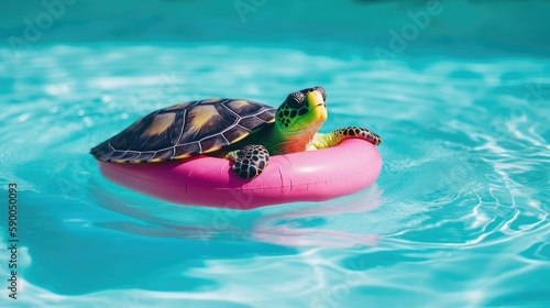 Turtle wearing a snorkeling mask and floating on a colorful pool float, with a copyspace. Generative ai.