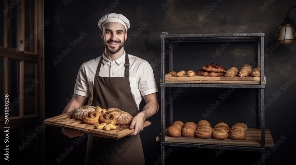 Baker in a bakery, holding a tray of freshly baked pastries, with a copyspace. Generative ai.
