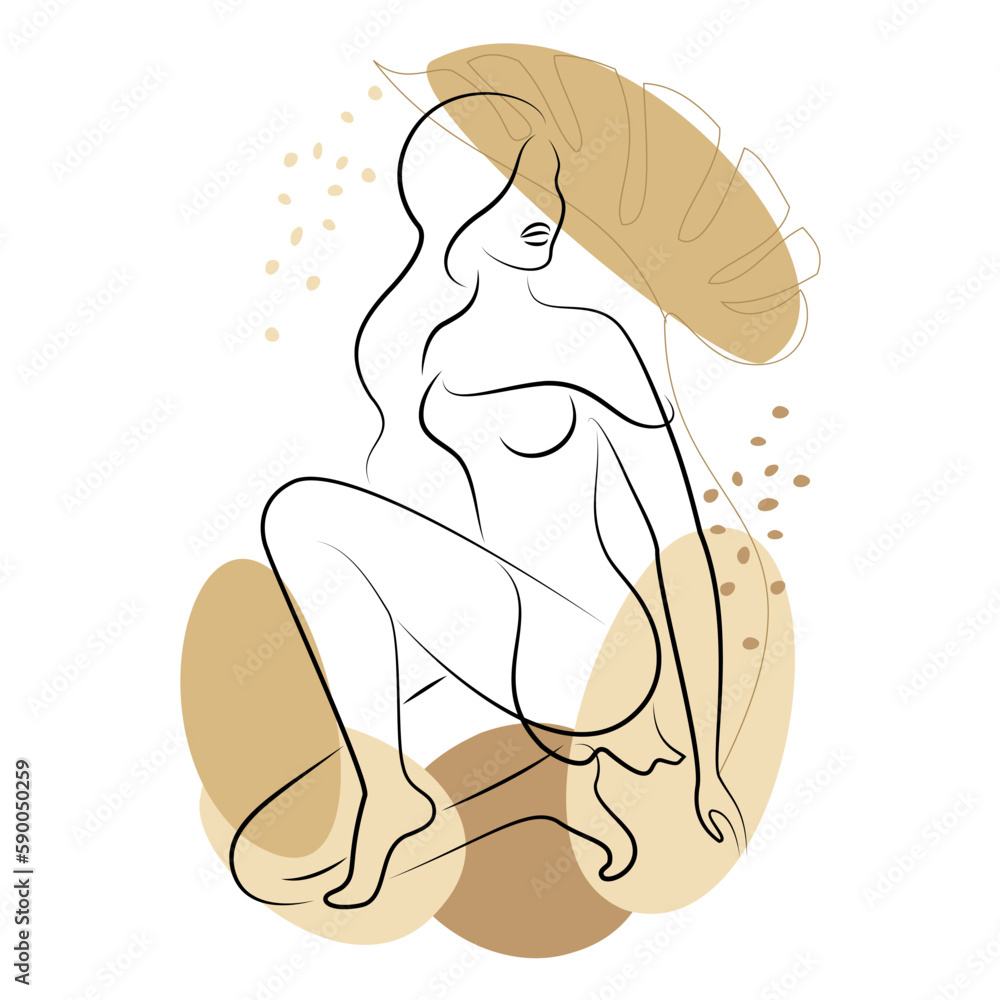 Silhouette of a woman in a modern continuous line style. The girl is slim and beautiful. Lady suitable for aesthetic decor, posters, stickers, logo. Vector illustration