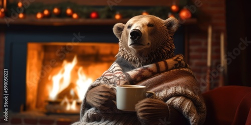 Bear wearing a sweater and sipping hot cocoa in front of a fireplace, with copyspace. Generative ai. photo
