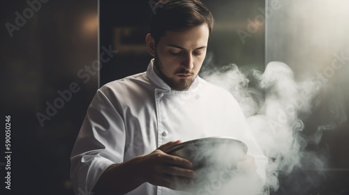 Chef in a restaurant kitchen, holding a delicious dish with steam rising from it, and a copyspace. Generative ai.