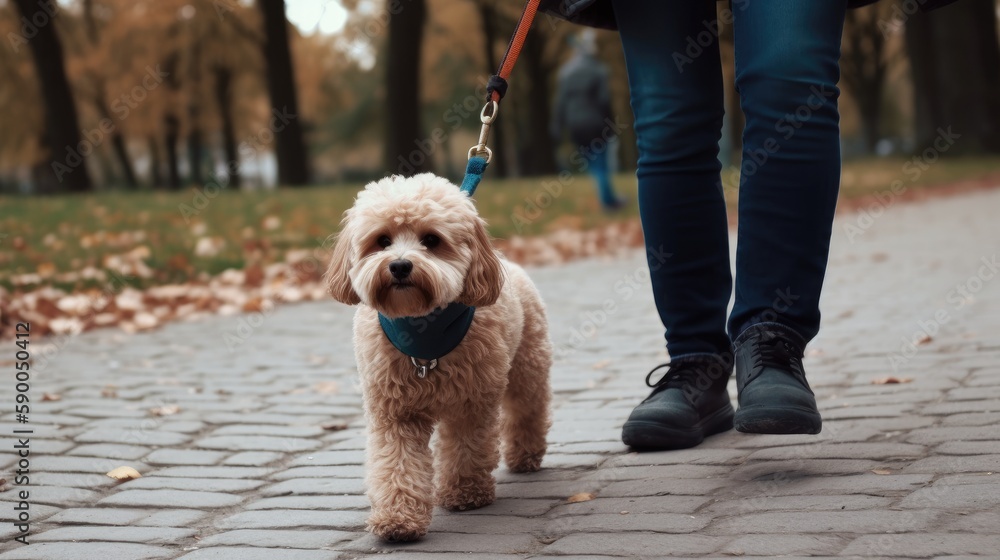 Dog walker in a park, holding a leash with a cute dog, with a copyspace. Generative ai. Dog walker in a park, holding a leash with a cute dog, with a copyspace. Generative ai.